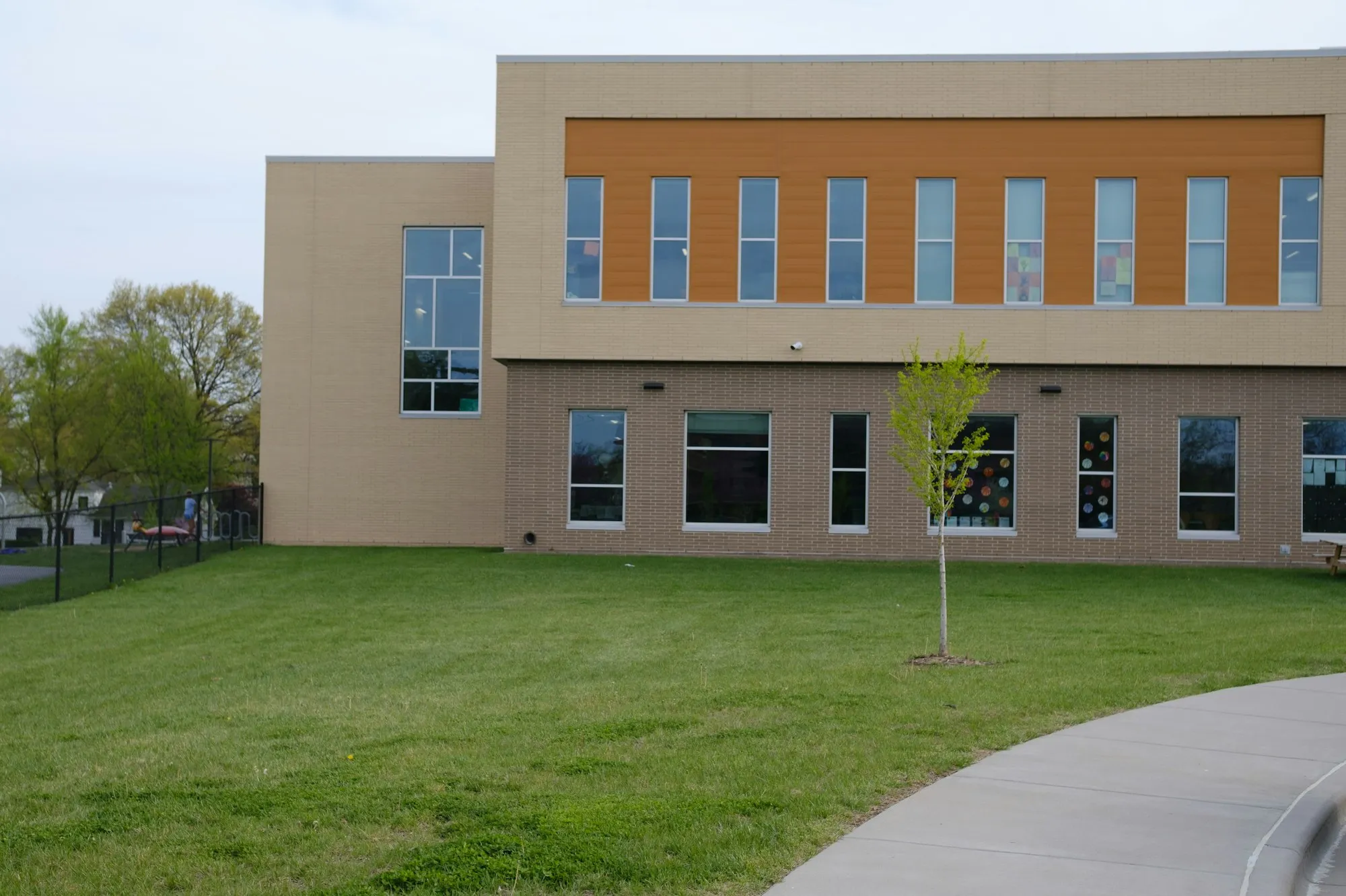 Modern school building with a lawn