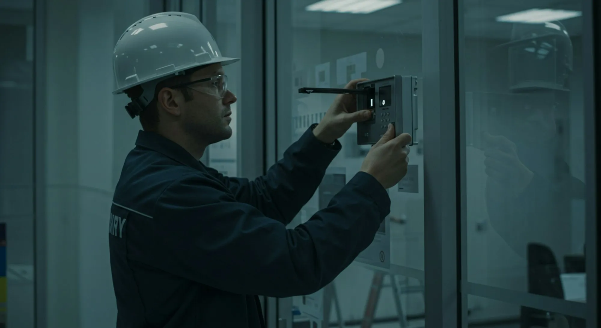 Technician servicing a building control panel