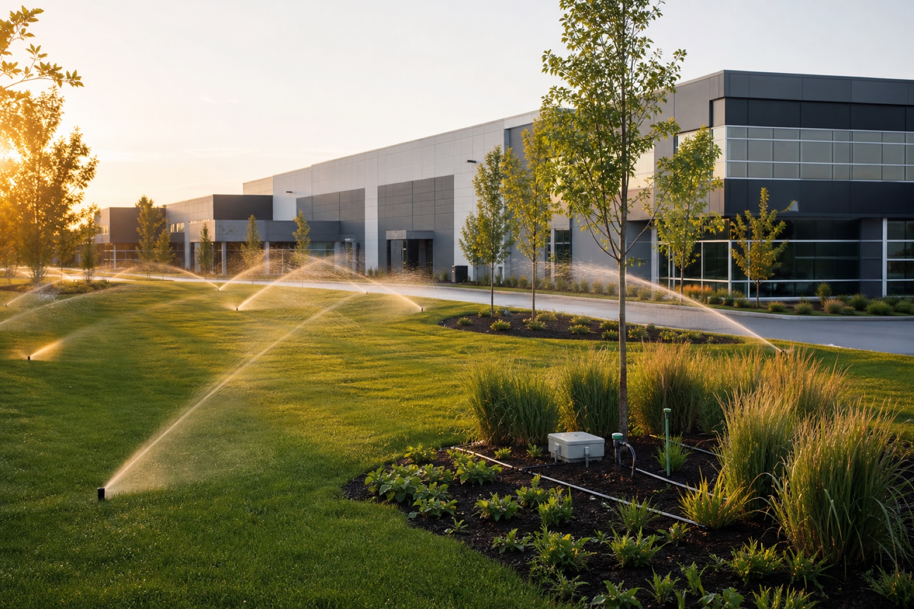 Commercial irrigation system watering the landscaped grounds of an industrial facility
